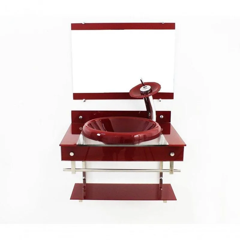 Gabinete de Vidro Iqxx 60cm Inox com Cuba Vermelho Cereja