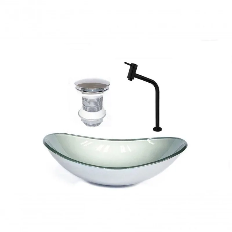 Cuba de Vidro Oval 55cm Prata + Valvula + Torneira Preta