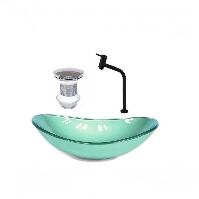 Cuba de Vidro Oval 55cm Verde + Valvula + Torneira Preta