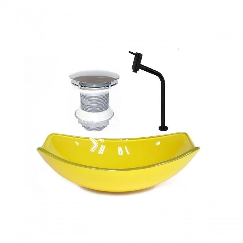 Cuba de Vidro Oval Chanfrada 51cm Amarela + Valvula + Torneira Preta