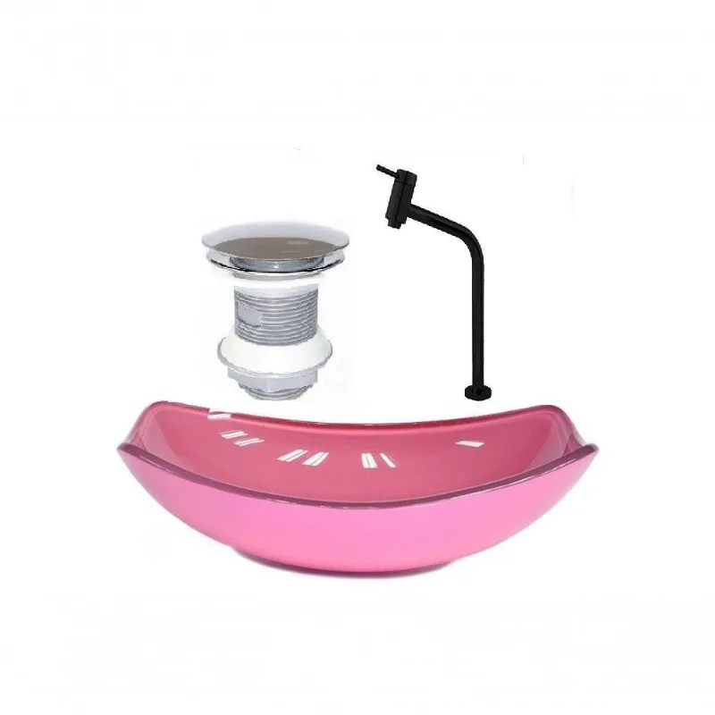 Cuba de Vidro Oval 51cm Rosa + Valvula + Torneira Preta