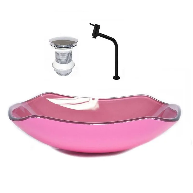 Cuba De Vidro Abaulada 51cm Rosa + Valvula + Torneira Preta