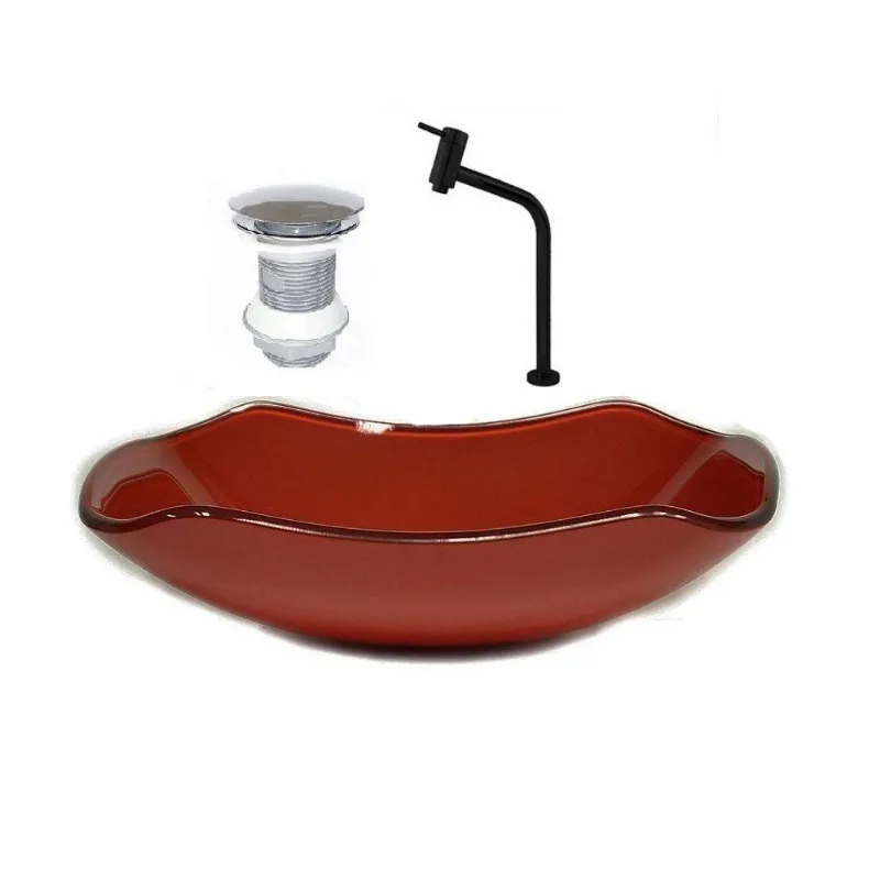 Cuba de Vidro 51cm Vermelho + Valvula + Torneira Preta