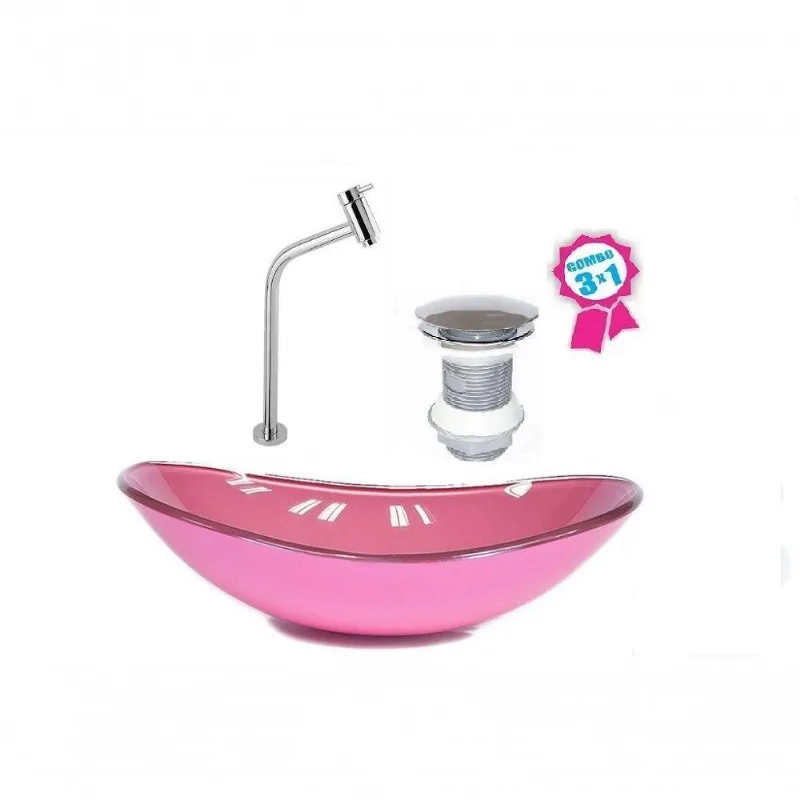 Cuba De Vidro Oval 55cm Rosa Válvula Click Torneira Metal