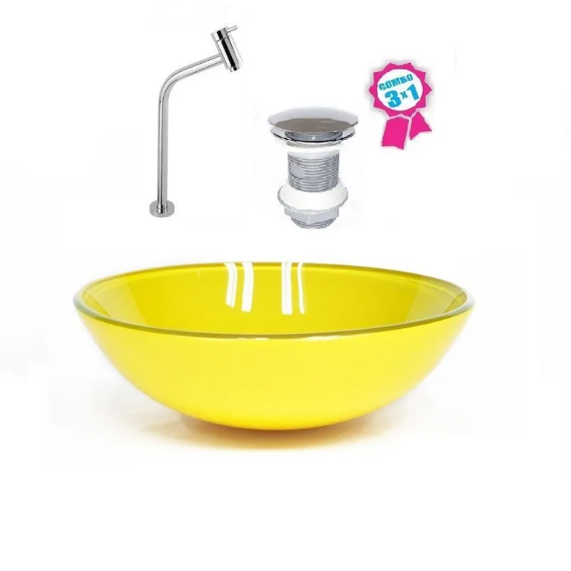 Cuba Vidro Redonda 35cm Amarela Válvula Click Torneira Metal
