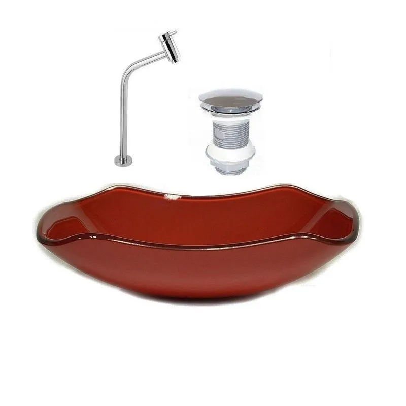 Cuba De Vidro Abaulada 45cm Vermelho Cereja+Valvula+Torneira