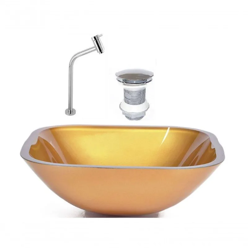 Cuba de Vidro Quadrada 35cm Dourado Real + Valvula + Torneira