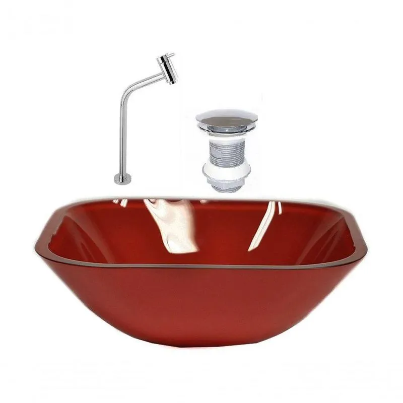 Cuba de Vidro Quadrada 35cm Vermelho + Valvula + Torneira