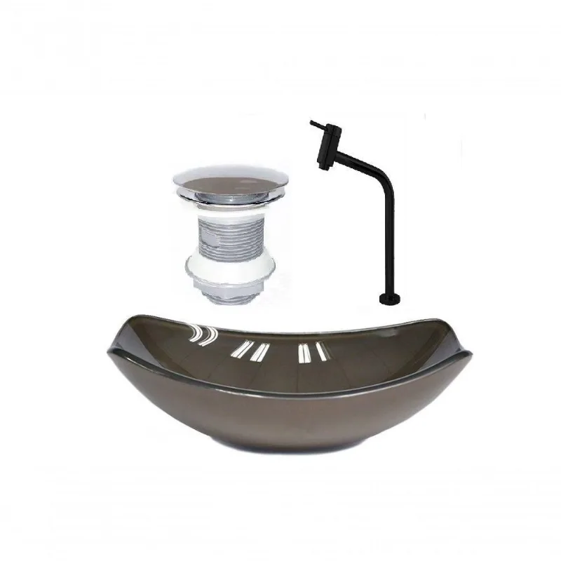 Cuba de Vidro Oval 46cm Marrom + Valvula + Torneira Preta