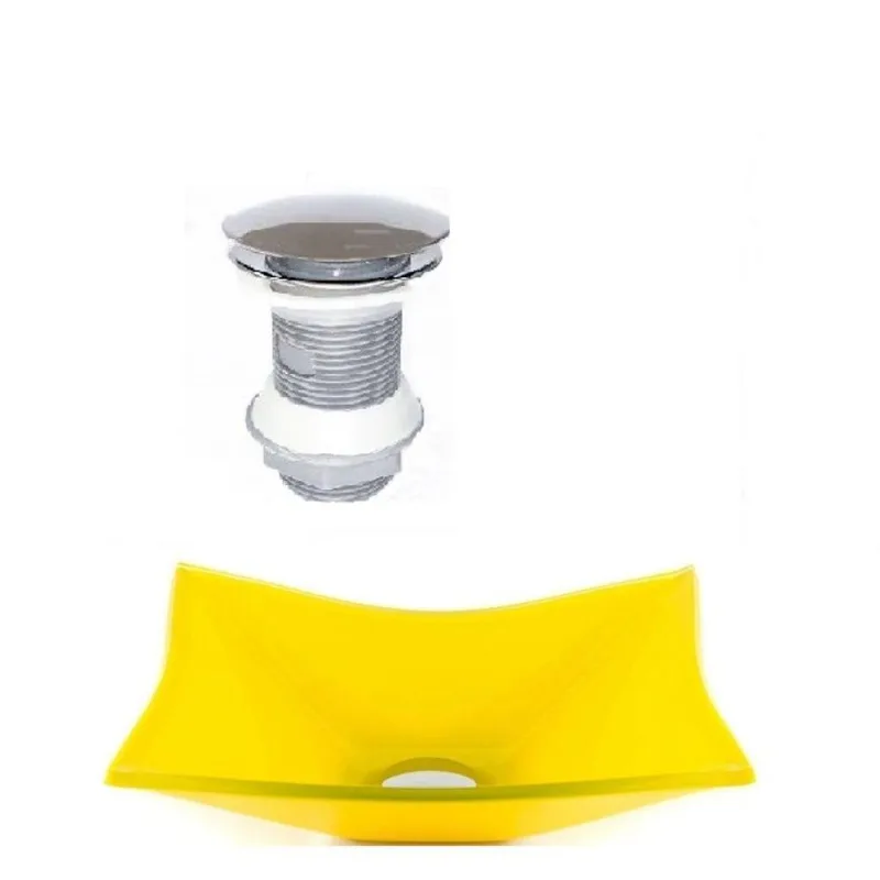 Cuba de Vidro Retangular 39cm Amarela + Valvula Click