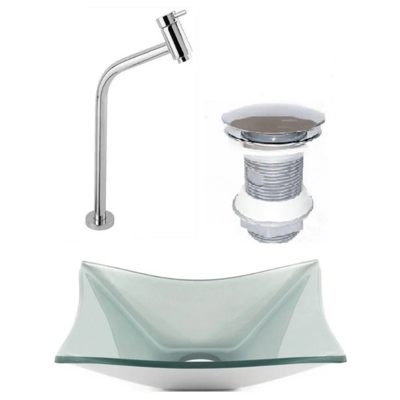 Cuba de Vidro Retangular 39cm Prata + Valvula + Torneira