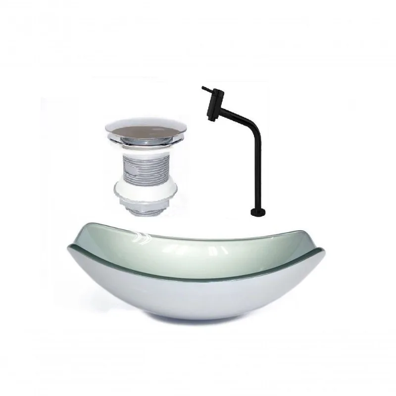 Cuba de Vidro Oval 46cm Prata + Valvula + Torneira Preta