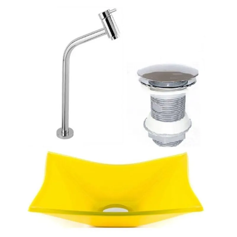 Cuba de Vidro Retangular 39cm Amarela + Válvula + Torneira