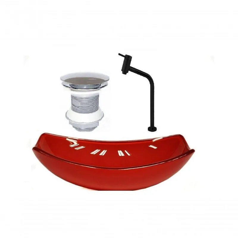 Cuba de Vidro Oval 46cm Vermelho + Valvula + Torneira Preta