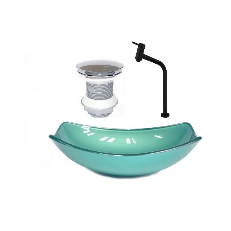 Cuba de Vidro Oval 46cm Verde + Valvula + Torneira Preta