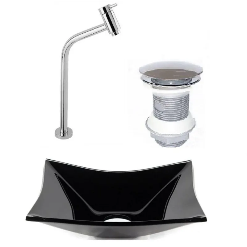 Cuba de Vidro Retangular 39cm Preta + Valvula Click + Torneira