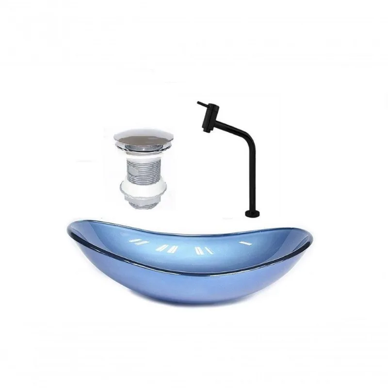 Cuba de Vidro Oval 47cm Azul + Valvula + Torneira Preta