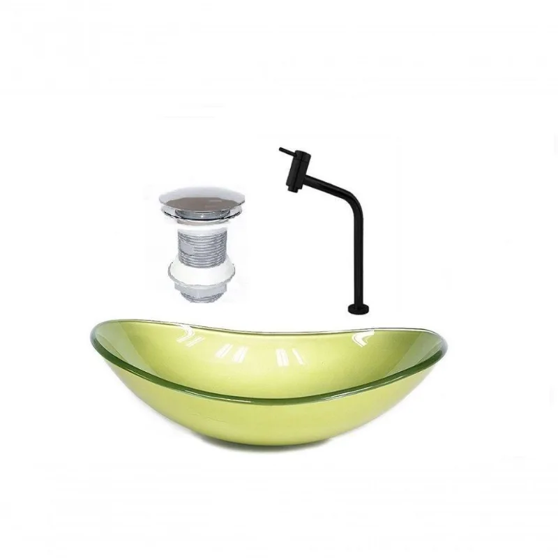 Cuba de Vidro Oval 47cm Verde + Valvula + Torneira Preta