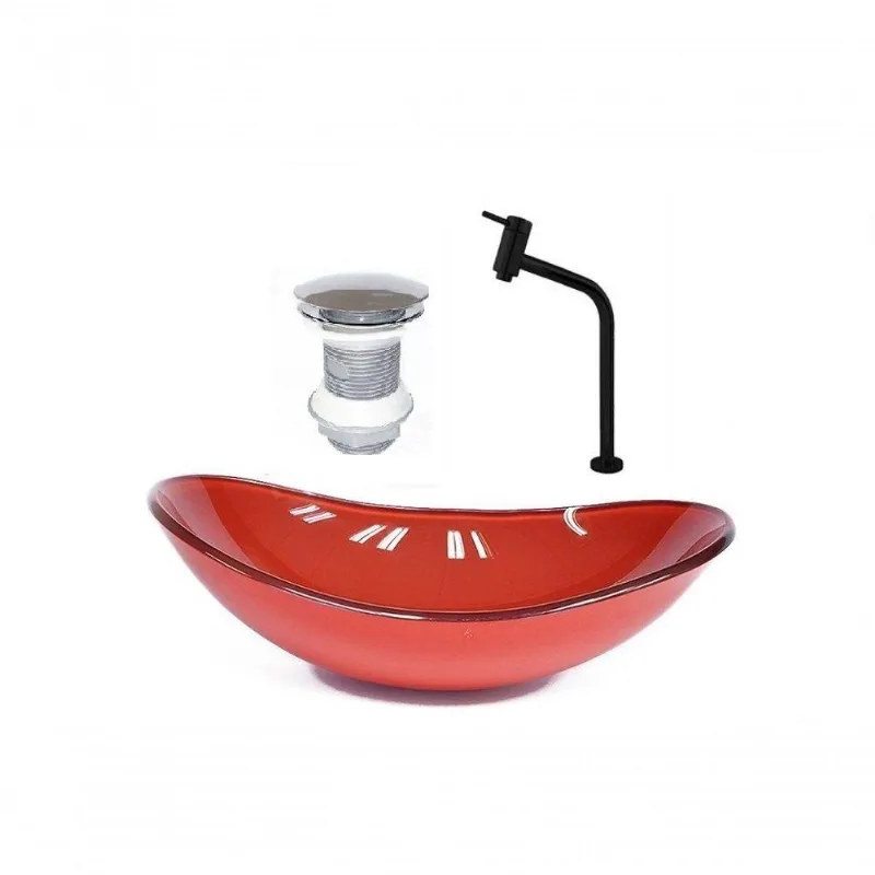Cuba de Vidro Oval 47cm Vermelho + Valvula + Torneira Preta