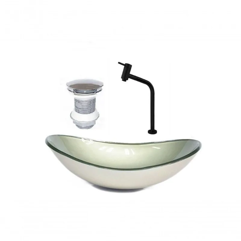 Cuba de Vidro Oval 47cm Champanhe + Valvula + Torneira Preta
