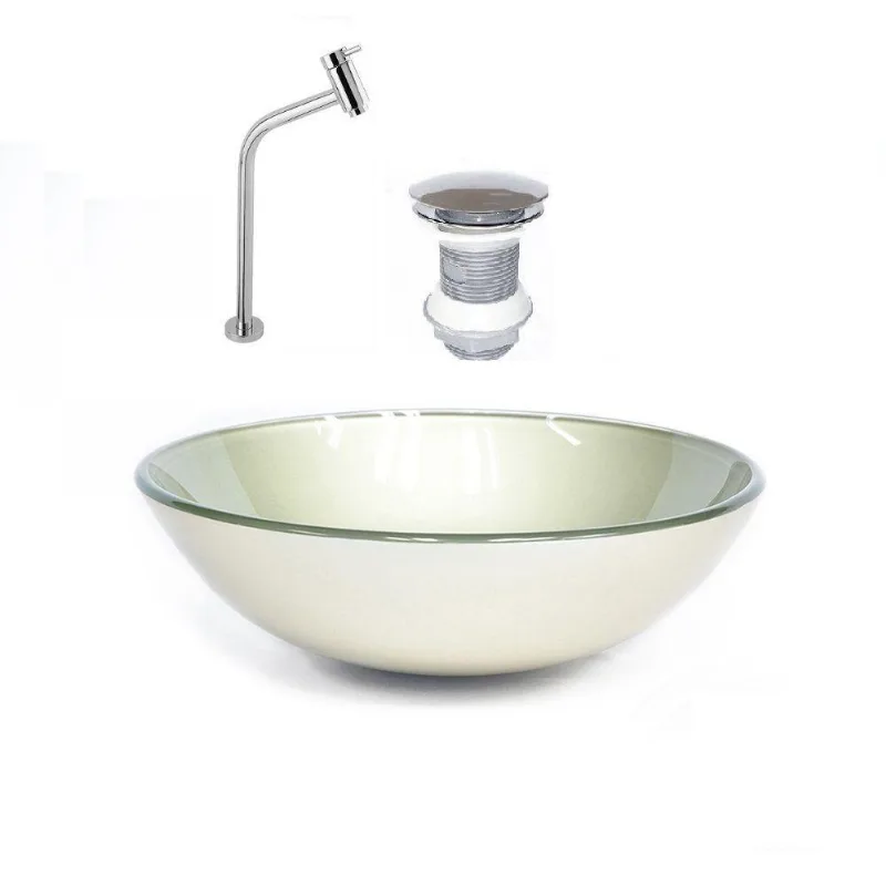 Cuba de Vidro 42cm Champanhe + Valvula + Torneira Cromada