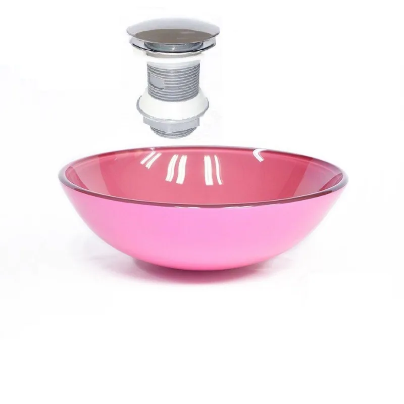 Cuba de Vidro Redonda 42cm Rosa + Válvula Click