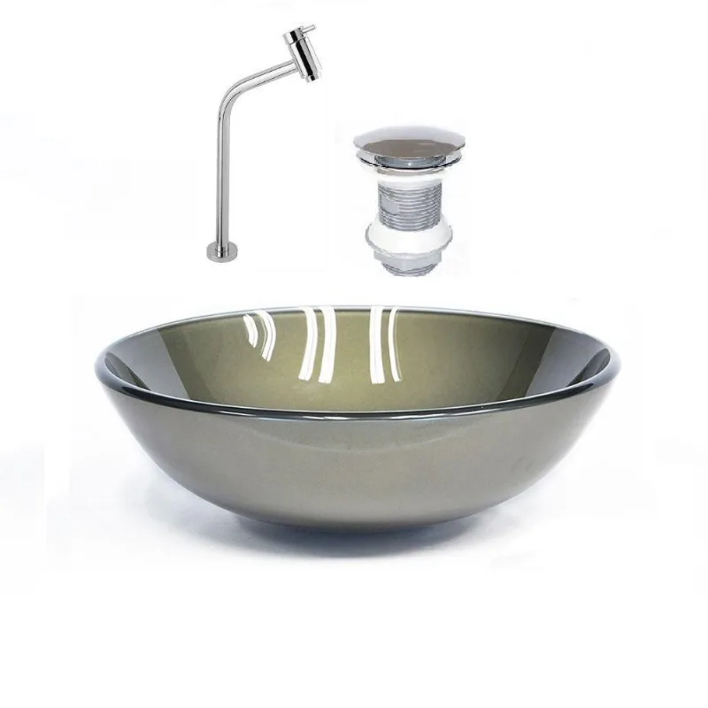 Cuba de Vidro 42cm Ouro + Valvula + Torneira Cromada