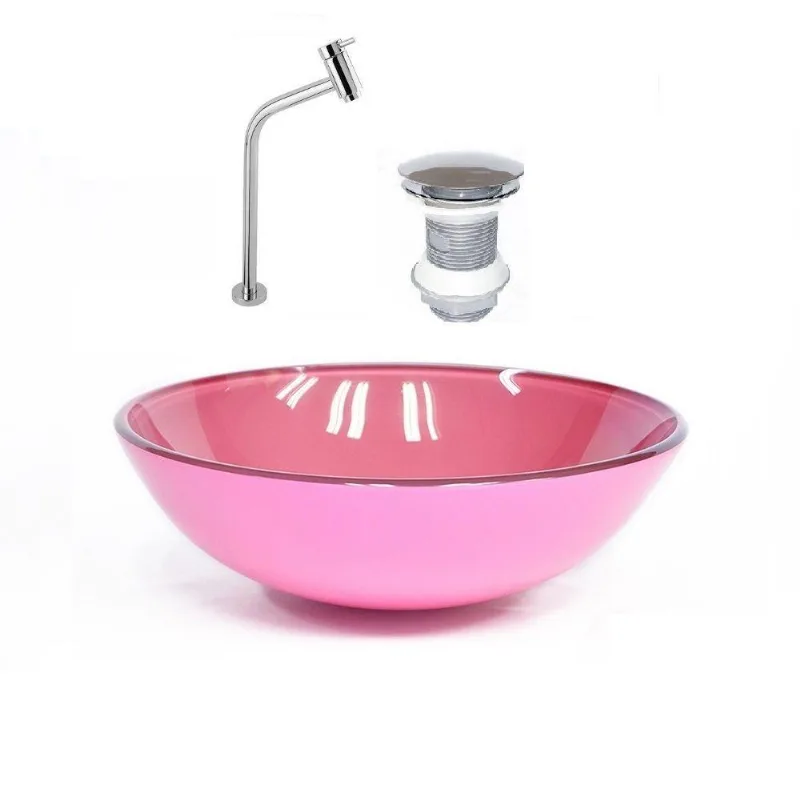 Cuba de Vidro Redonda 42cm Rosa + Valvula + Torneira Cromada