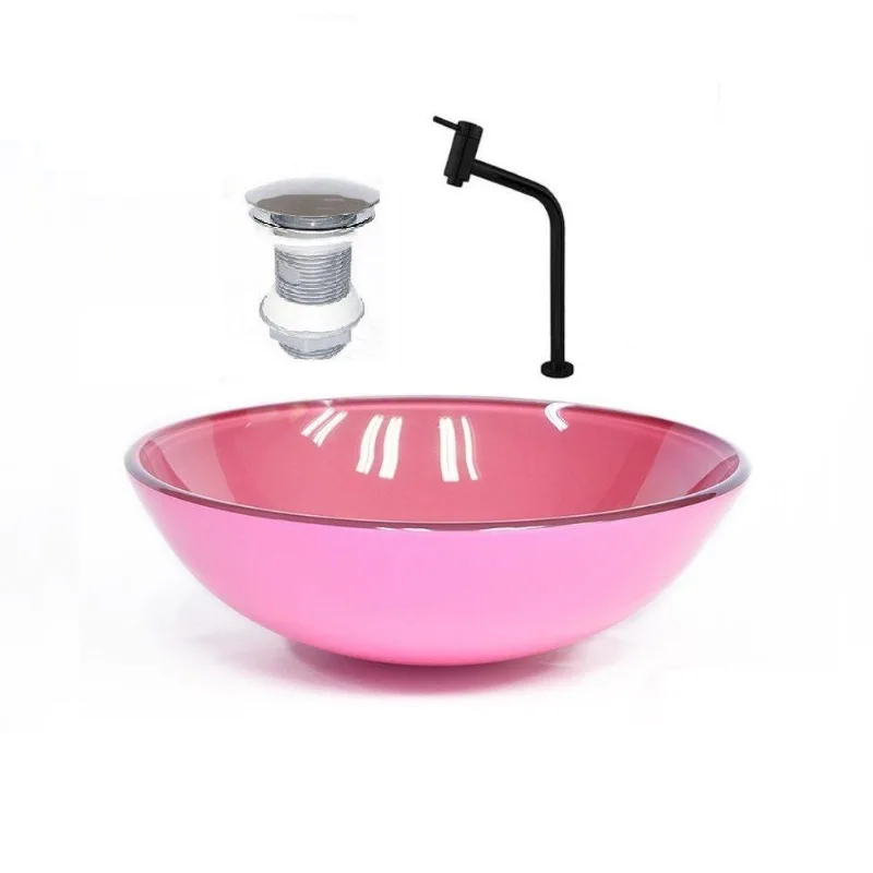 Cuba de Vidro Redonda 42cm Rosa + Valvula + Torneira Preta