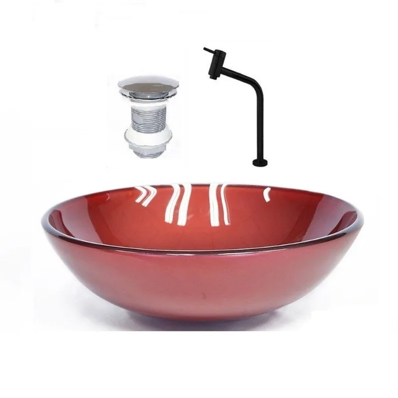 Cuba de Vidro Redonda 42cm Vermelho + Valvula + Torneira Preta