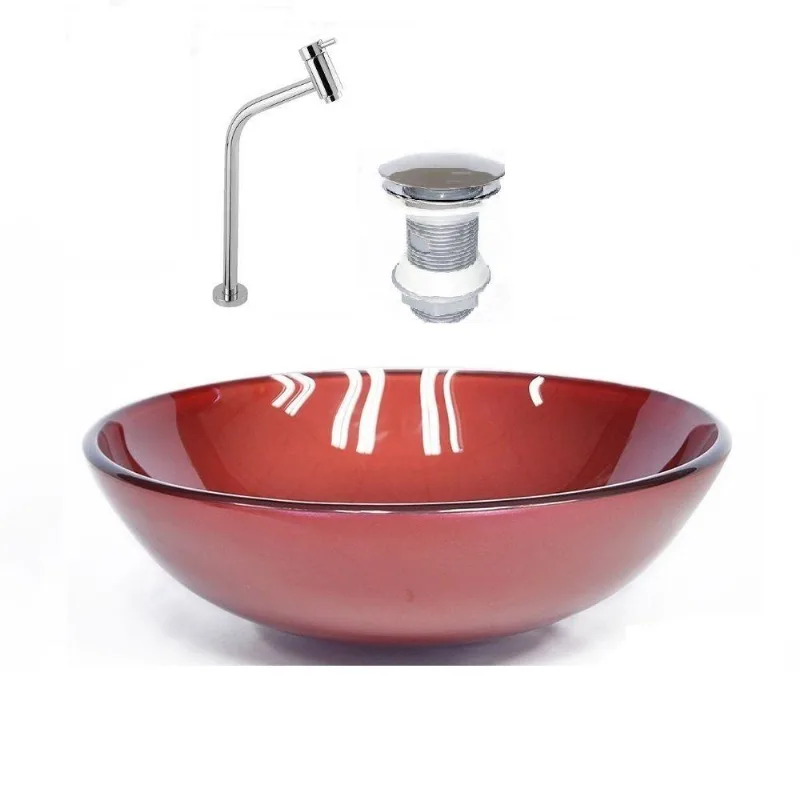Cuba de Vidro Redonda 42cm Vermelho + Válvula + Torneira Cromada