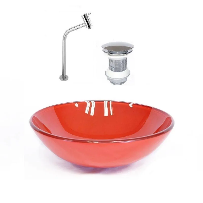 Cuba de Vidro 42cm Vermelho + Valvula + Torneira Cromada
