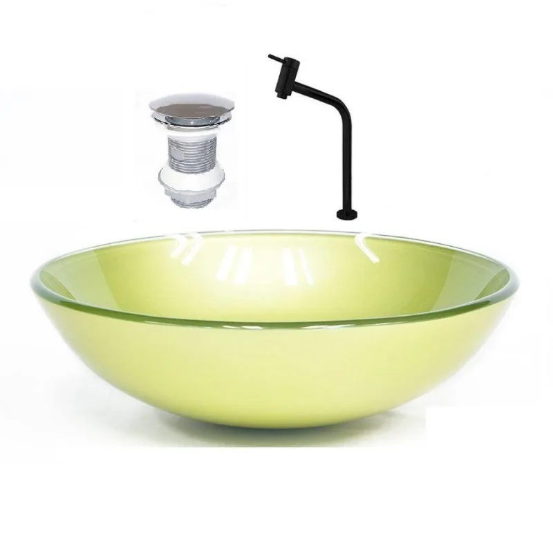 Cuba de Vidro Redonda 42cm Verde + Valvula + Torneira Preta