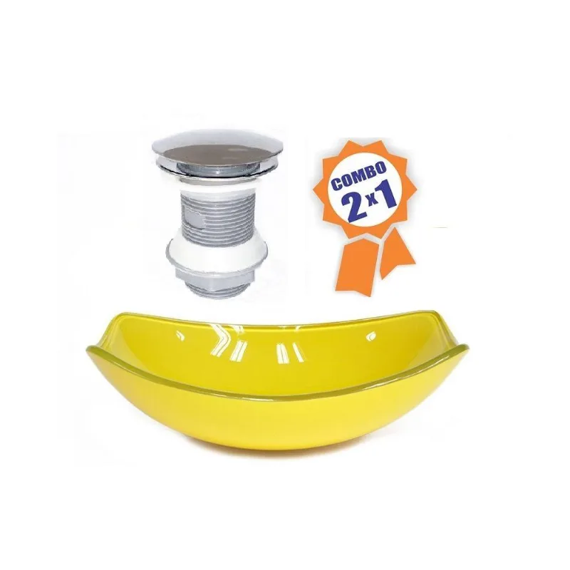 Cuba De Vidro Oval Chanfrada 46cm Amarela + Válvula Click