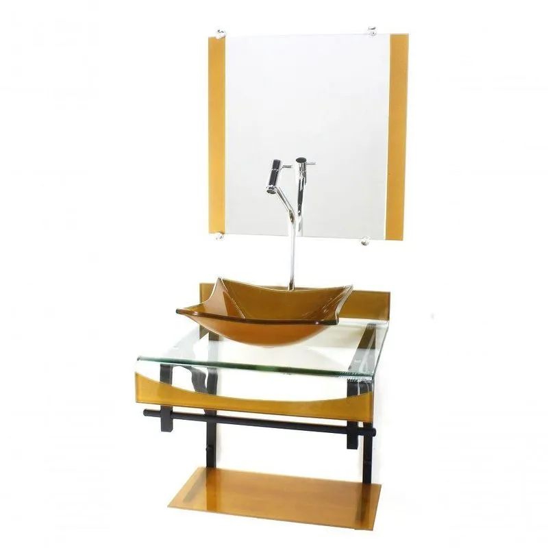 Gabinete De Vidro Duplo Cuba Quadrada Dourado C/Torneira