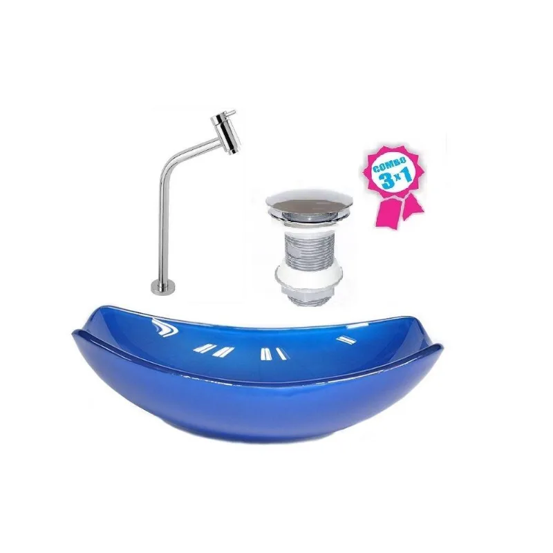 Cuba Vidro Oval Chanfrada 46cm Azul Escuro Válvula Torneira