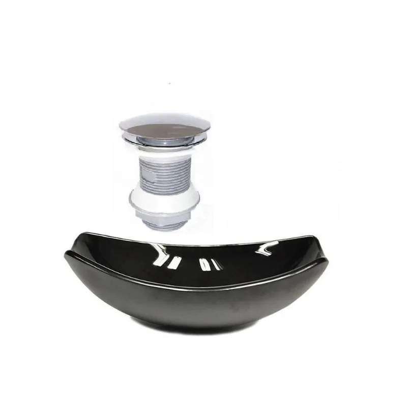 Cuba De Vidro Oval Chanfrada 46Cm Preta + Valvula Click