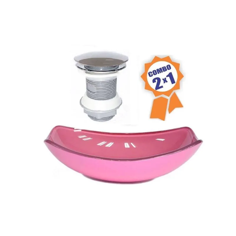 Cuba De Vidro Oval Chanfrada 46cm Rosa + Válvula Click