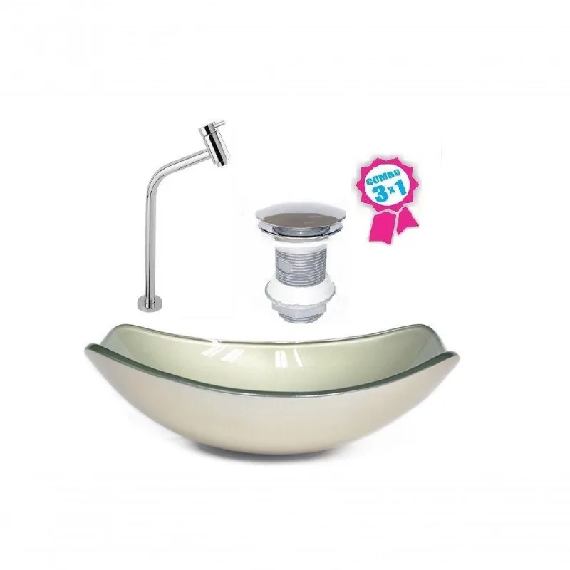 Cuba De Vidro Oval Chanfrada 46cm Champanhe Válvula Torneira