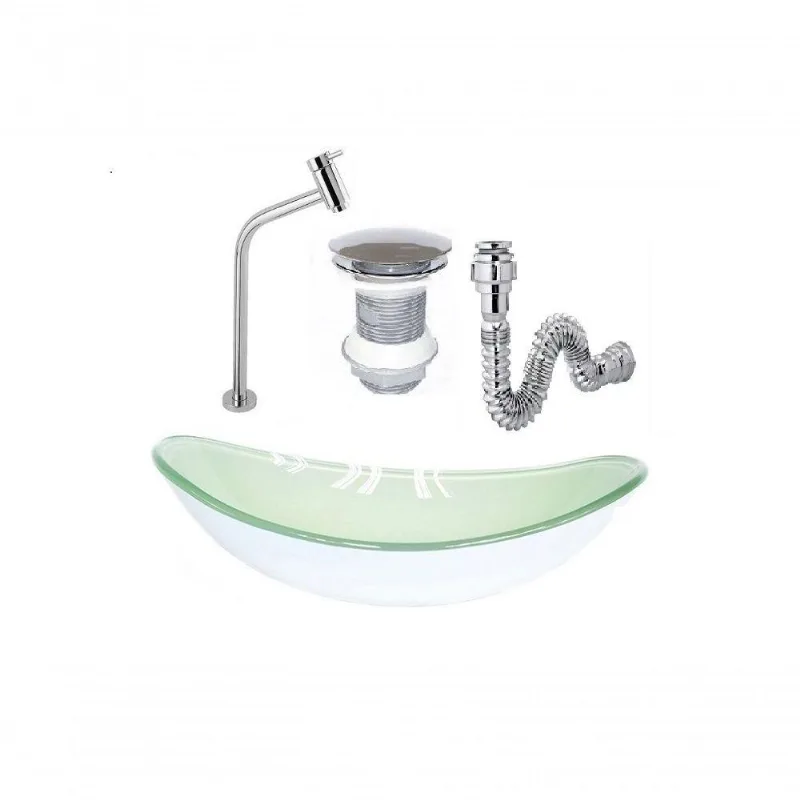 Cuba De Vidro Oval 47Cm Branca + Válvula Click + Torneira De Metal + Sifao