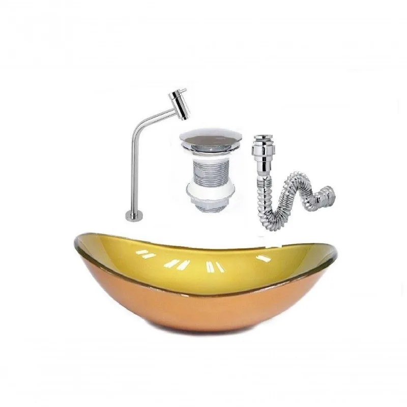 Cuba De Vidro Oval 47Cm Dourado Real + Válvula Click + Torneira De Metal + Sifao