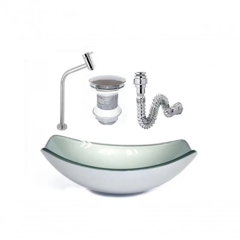 Cuba De Vidro Oval 46cm Prata + Valvula + Torneira + Sifao