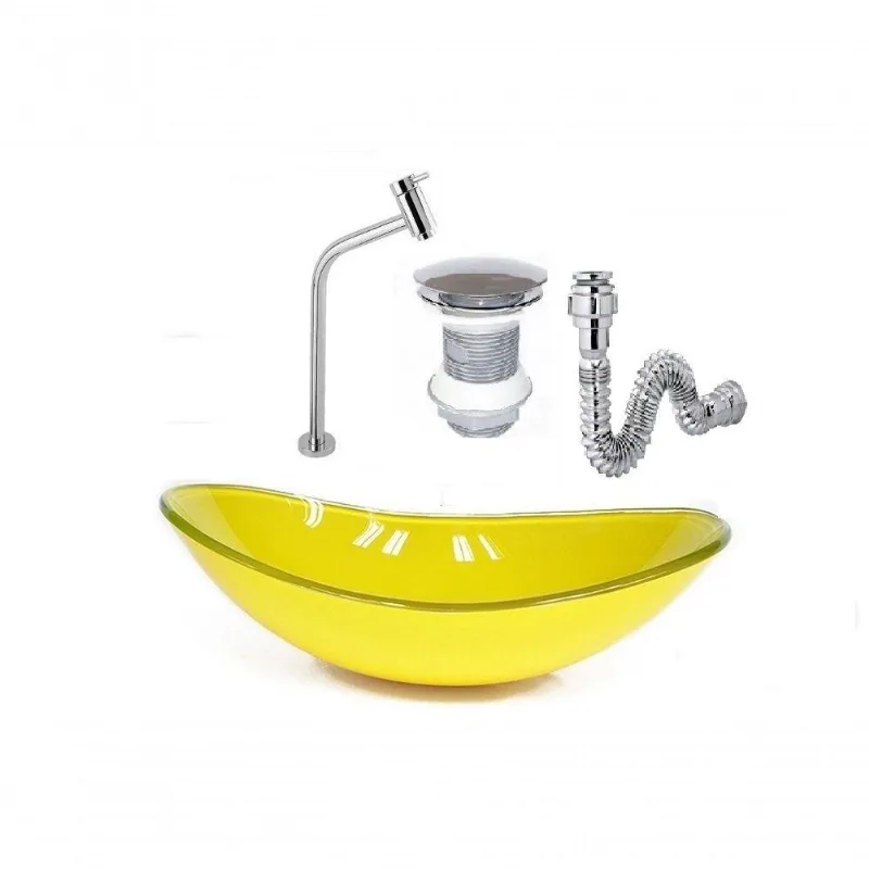 Cuba De Vidro Oval 47Cm Amarela + Válvula Click + Torneira De Metal + Sifao