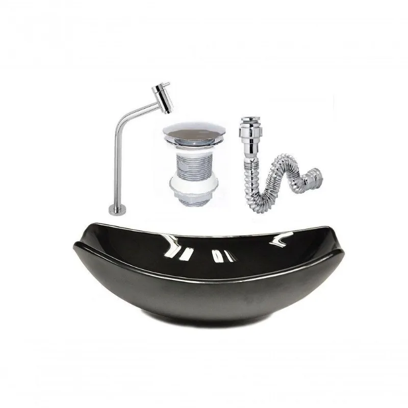 Cuba De Vidro Oval 46cm Preta + Valvula + Torneira + Sifao