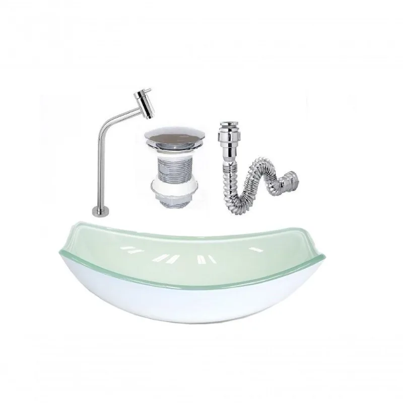 Cuba De Vidro Oval Chanfrada 46Cm Branca + Valvula + Torneira + Sifao