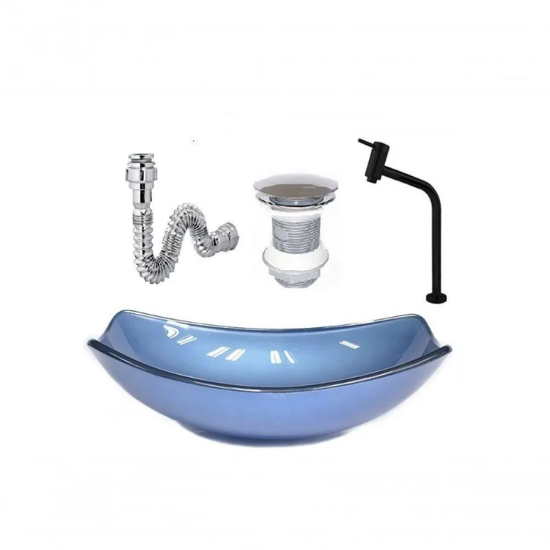 Cuba De Vidro Oval Chanfrada 46Cm Azul + Valvula + Torneira Metal Preta + Sifao