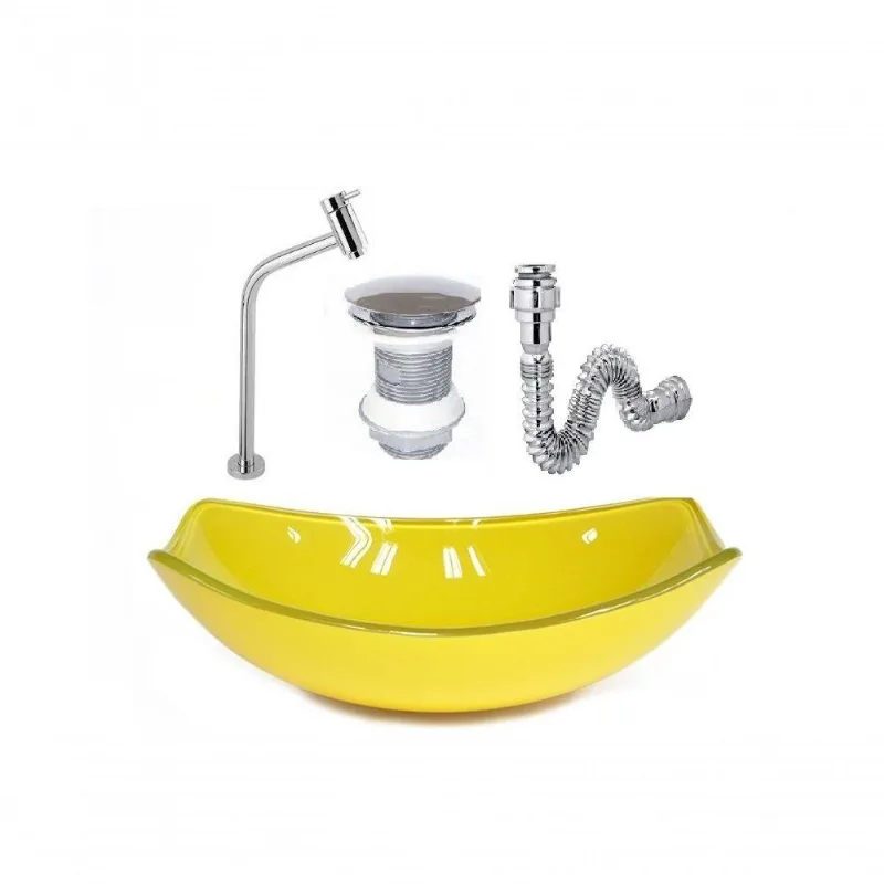 Cuba De Vidro Oval Chanfrada 46Cm Amarela + Valvula + Torneira + Sifao