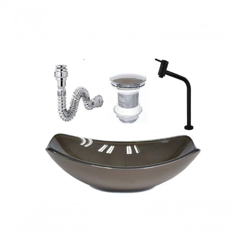 Cuba De Vidro Oval Chanfrada 46Cm Marrom + Valvula + Torneira Metal Preta + Sifao