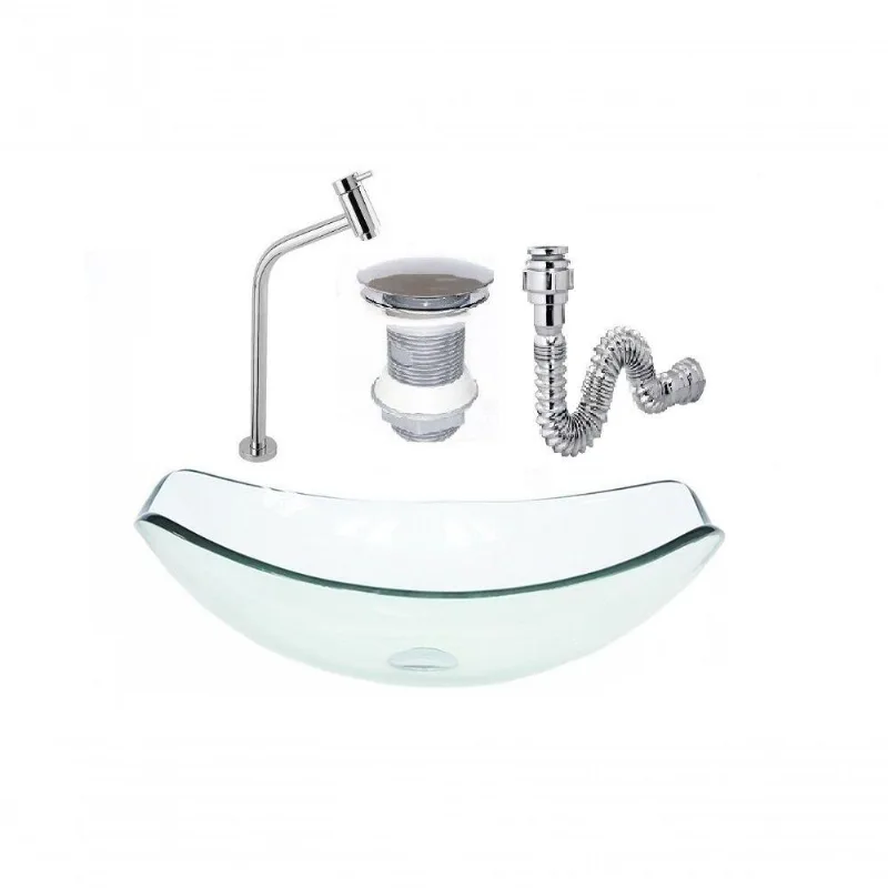Cuba De Vidro Oval Chanfrada 46Cm Jateado + Valvula + Torneira + Sifao