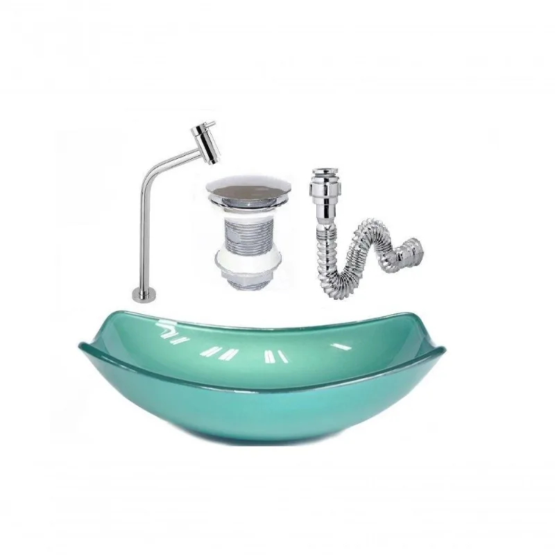 Cuba De Vidro Oval 46cm Verde + Valvula + Torneira + Sifao
